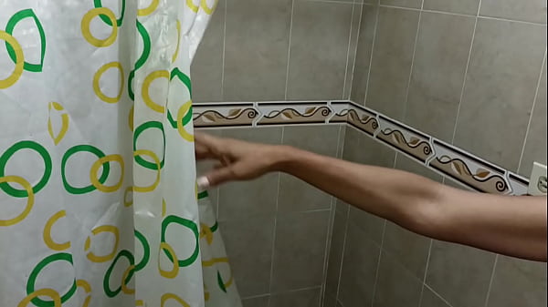 My perverted stepsister touches her delicious pussy while taking a shower.