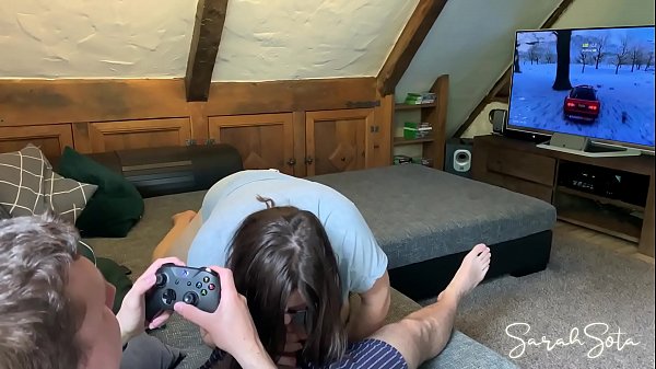 While he is gaming she starts to suck his dick and starts riding him – cumshot all over her asshole